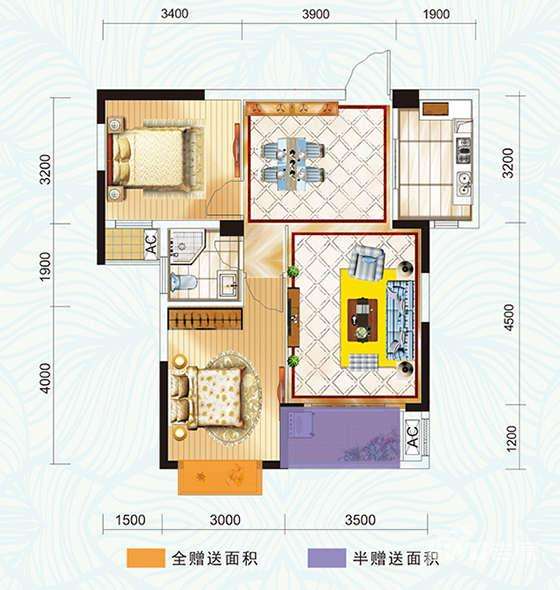 清华苑2室2厅1卫83.4㎡户型图