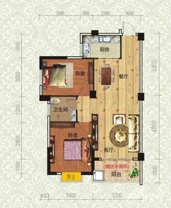 雁叫名苑二期2室1厅1卫88.5㎡户型图