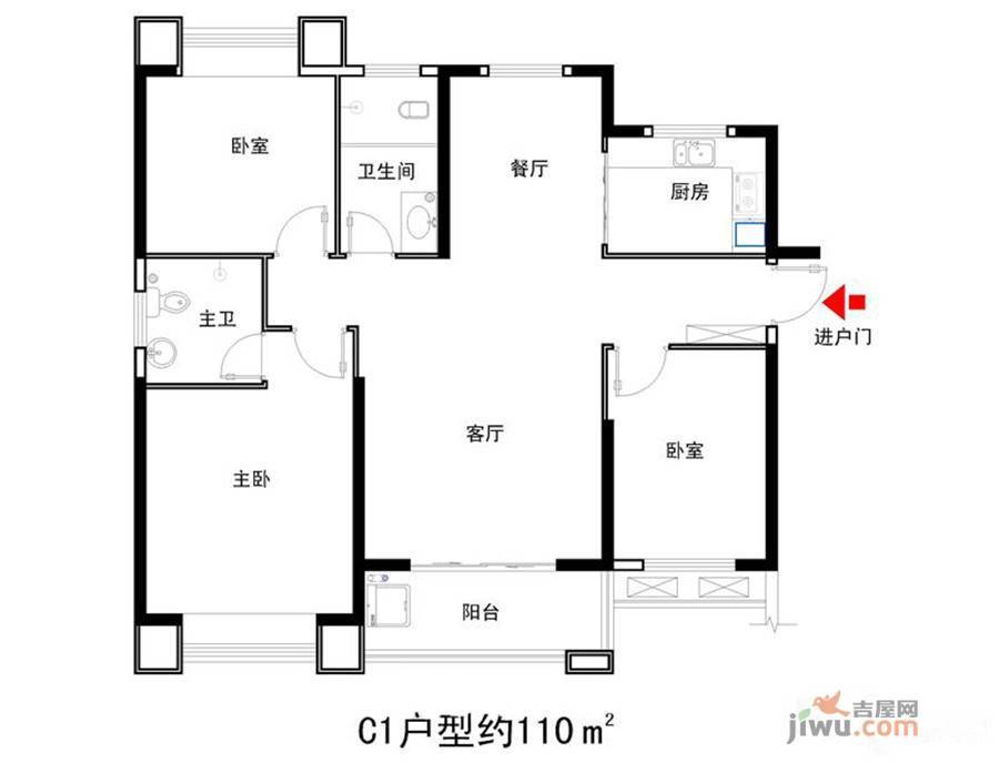 竟陵华府3室2厅2卫110㎡户型图