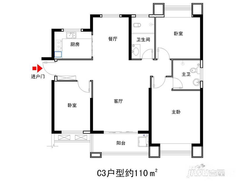 竟陵华府3室2厅2卫110㎡户型图